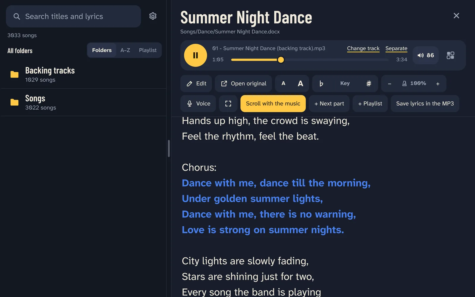 A song playing: the lyrics follow the backing track, the chorus in color.
