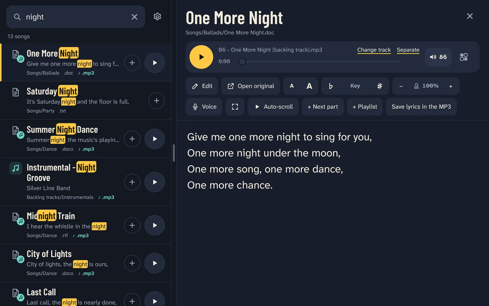 The search finds the songs with “night” in their title or lyrics; the song opens next to the list.