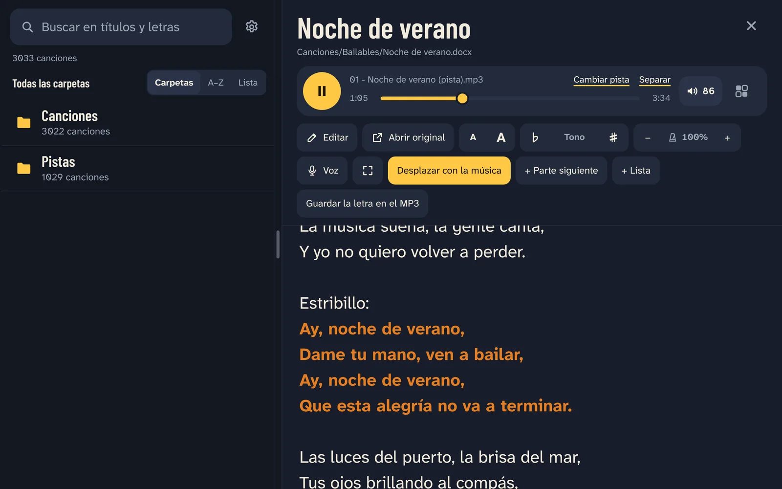 Una canción suena: la letra sigue la pista, el estribillo en color.