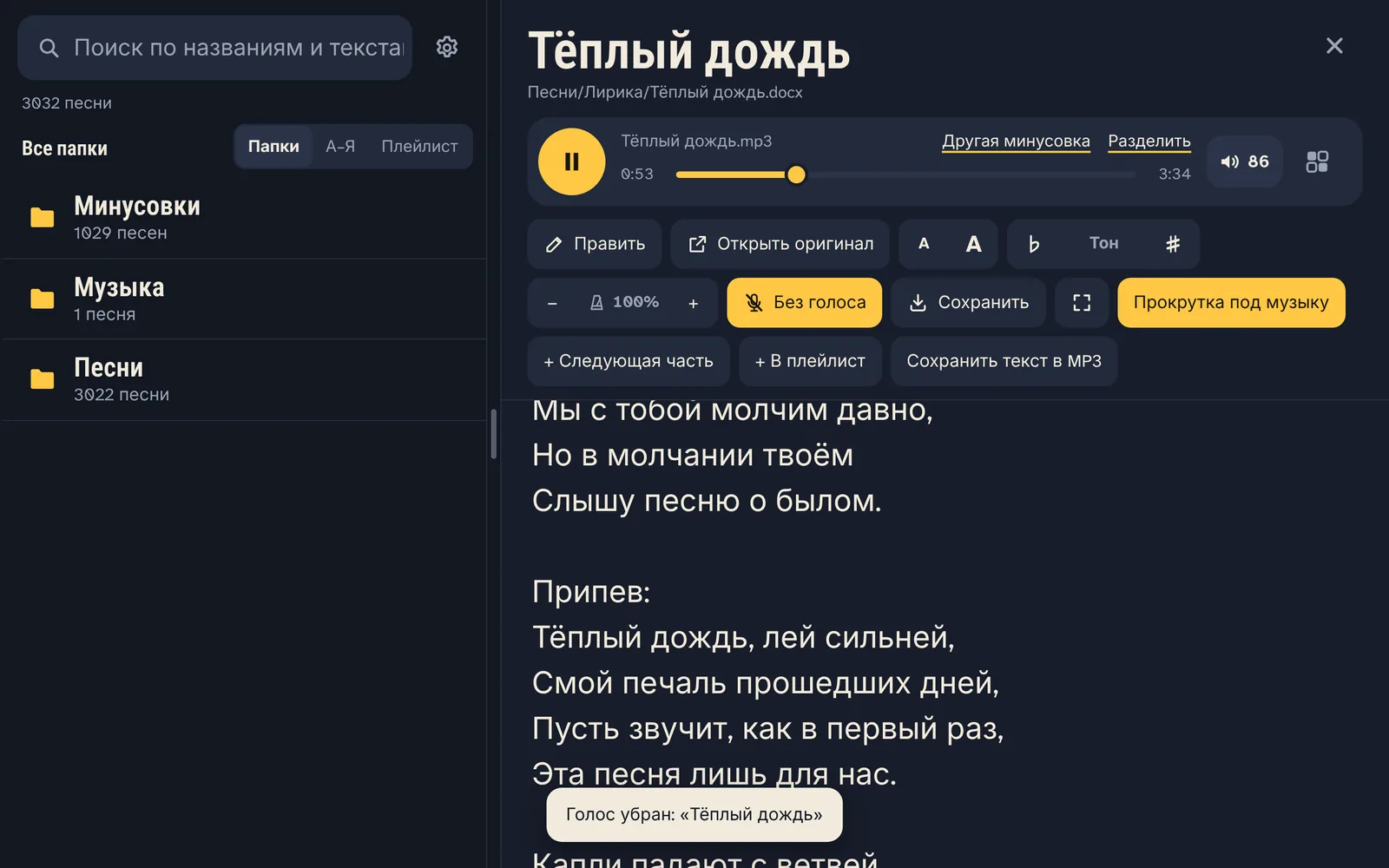 Включено «Без голоса»: песня звучит без певца, а «Сохранить» делает копию.